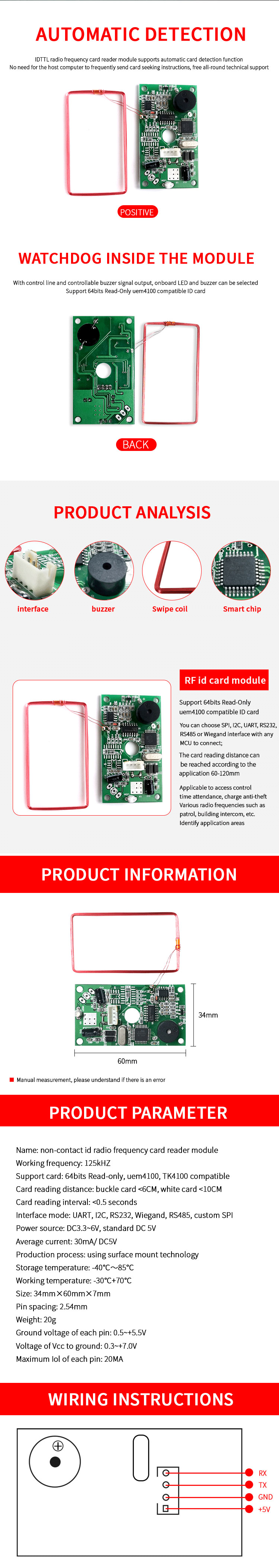 TK4001 EM4100 125KHz Wiegand 26 34 RS232 UART RS485 interface card reader module