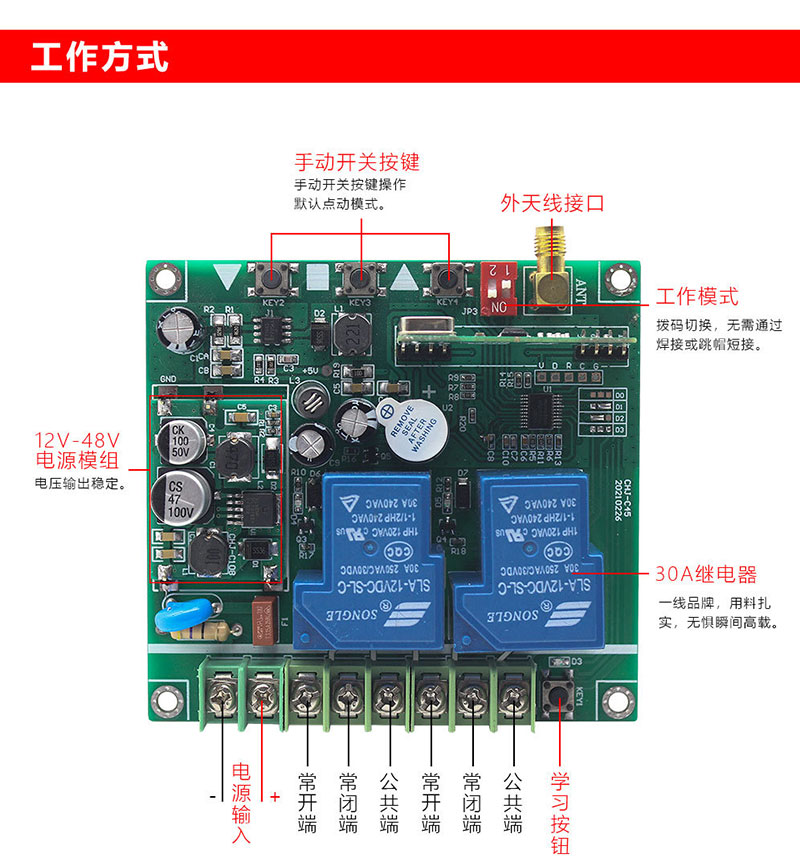 Ancho universal Interruptor de control de acceso bidireccional de voltaje, interruptor de control remoto, motor de alta potencia de 12-48V, placa receptora de control remoto inalámbrico RF 2 